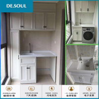 阳台太空铝洗衣柜洗衣池洗衣机伴侣石英石洗衣盆带搓板可切角定制 60x57cm 对开 单盆 备注 颜色 左右盆