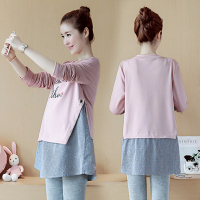 孕妇秋装套装韩版拼接上衣长袖上衣套装两件套中长款春秋款孕妇装