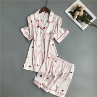 波迷娜(BOMINA)冰丝绸衬衫两件套短裤性感睡衣女可爱薄款开衫短袖可外穿2021新 浅粉底小爱心 衬衫+短裤