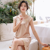 波迷娜(BOMINA)学生女式睡衣春夏款睡裙2021刺绣睡裙女夏季冰丝中裙服连衣裙薄款短袖蕾甜美丝质睡衣