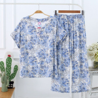 波迷娜(BOMINA)中老年棉绸睡衣女马裤套装2021新款女士服夏季薄款竹节棉麻绵绸简约短袖裤加大码