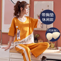 波迷娜(BOMINA)女生春夏套装2021新款睡衣女夏季带胸垫可外穿两套装薄款自带胸垫短袖长裤家居服春秋