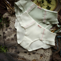 波迷娜（BOMINA)春夏季甜美柔软舒适抗菌小女生穿的内裤内裤女棉日系螺纹棉质甜美清新蝴蝶结蕾丝边舒适少女中腰三角裤