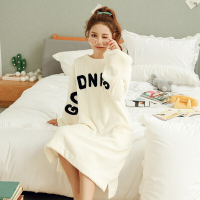 波迷娜(BOMINA)季珊瑚绒睡裙女长款甜美长袖法兰绒睡衣 8886韩版英文杏色