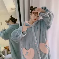 波迷娜(BOMINA)往季冬新款珊瑚绒睡衣中长款甜美连帽睡袍网红可外穿睡裙女 粉色 均码