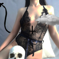 波迷娜(BOMINA)小野猫私物又狼又乖尤女性感露背深V式蕾丝睡衣 白色 均码