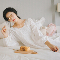 波迷娜(BOMINA)秋季棉白色睡衣女夏天清新复古宫廷长袖睡裙少女服 白色 均码