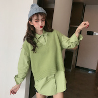 波迷娜(BOMINA)慵懒风毛衣女秋冬外穿宽松韩版v领背心针织衫马甲+衬衣ins 绿色套装 均码