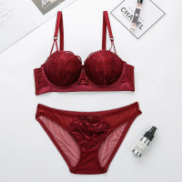 波迷娜(BO均码INA)女士半杯贝壳款内衣女薄款蕾丝边文胸套装聚拢小胸加厚款胸罩