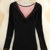 波迷娜(BOMINA)内衣女神衣加绒加厚打底衫哺乳托胸秋衣修身蕾丝冬季上衣 黑色 均码