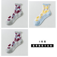 波迷娜(BOMINA)春季薄款水晶玻璃丝袜子女中筒袜韩版学院风文艺小清新雏菊袜 2蓝色+白 均码