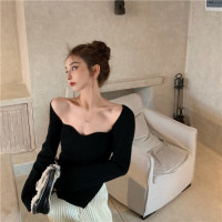 波迷娜(BOMINA)露肩紧身长袖抹胸针织衫女春季2021新款方领修身打底毛衣上衣 白色 均码