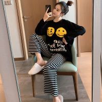 波迷娜(BOMINA)睡衣女笑脸春季纯棉宽松长袖ins网红风可爱家居服两件套 黑色 均码