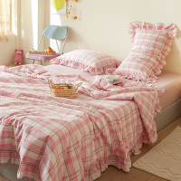 水洗棉格子花边夏被四件套 公主风空调被ins风简约薄被子