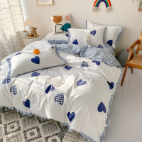 韩国1.8米1.5m花边格子爱心简约床单被套双人床上四件套