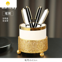 喻娄新中式学习博主使用办公桌复古竹笔筒欧式桌面装饰陶瓷收纳筒 花缘+白色陶瓷[海盐笔筒]{不含笔}