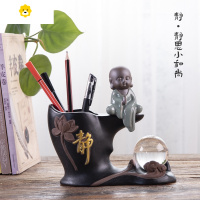 喻娄陶瓷笔筒创意时尚可爱学生桌面办公室多功能收纳复古个性简约摆件 03款 静-莲花-静思小和尚 送水晶球+双面胶