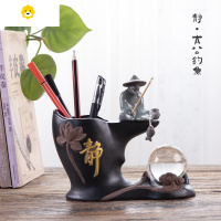 喻娄陶瓷笔筒创意时尚可爱学生桌面办公室多功能收纳复古个性简约摆件 01款 静-莲花-姜太公钓鱼 送水晶球+双面胶
