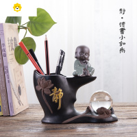 喻娄陶瓷笔筒创意时尚可爱学生桌面办公室多功能收纳复古个性简约摆件 02款 静-莲花-读书小和尚 送水晶球+双面胶