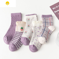 喻娄女童袜子春秋季宝宝碎花儿童中筒袜公主女孩花边宝宝紫色袜子