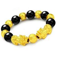 开光招财貔貅3D硬金越南沙金不色手链男女士佛珠黑曜石貔貅手链