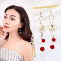 925耳环女红色珍珠长款流苏耳饰耳钉夜店夸张显瘦气质韩国