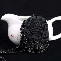 黑曜石龙牌坠项链关公弥勒佛貔貅挂件男女款蜜蜡翡翠血珀毛衣链
