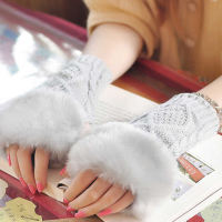 新款仿兔毛手套韩可爱女生半指皮手套保暖手腕露指头键盘手套