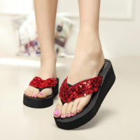 2018新款人字拖女凉拖家居拖鞋 亮片松糕跟防滑夏季凉拖鞋沙滩鞋