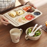 小麦秸秆早餐盘生食堂饭菜盘儿童餐具分格卡通餐盘学生餐具六件套