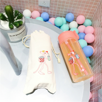 送同款布袋 韩版女学生粉红豹吸管玻璃杯可爱少女心杯儿童杯子