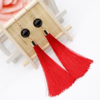 复古红色新娘长款流苏耳环无耳洞耳夹女拉丁舞耳饰耳钉民族风配饰