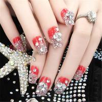 成品美甲24片盒装 假指甲批 大红色闪耀宝石 新娘美甲贴片E7指甲贴个性美甲贴片透明指甲贴片短款指甲片假指甲贴