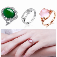 芙蓉石粉晶女戒指镀银色戒指镀玫瑰金女士指环尾戒子开口银色戒指