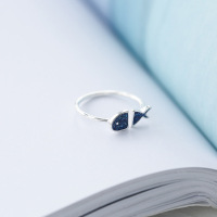 s925银韩版可爱蓝色小鱼戒指指环简约个性开口食指首饰生日