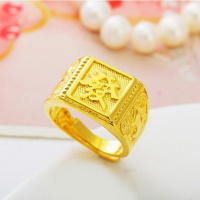 正品镀9999千足金24K金戒指男款财福方戒纯金色镀沙金首饰品