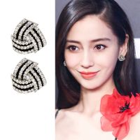 时尚几何三角形晶耳环女气质百搭简约黑色红耳钉个性韩版耳夹