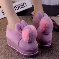 棉拖鞋女冬韩版字母跟厚底松糕高跟毛绒拖鞋保暖防滑月子鞋