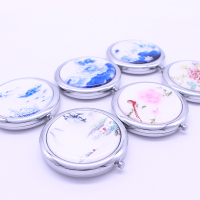 可爱金属化妆镜随身便携小镜子折叠创意迷你山画双面圆镜