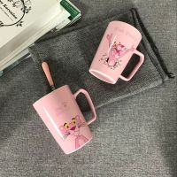 INS红卡通带盖勺创意陶瓷杯学生早餐杯可爱女生粉红马克杯韩版