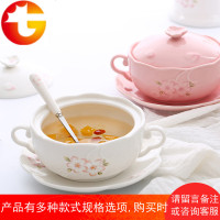 创意日式浮雕樱花双耳带盖粥碗宫廷糖水甜品碗蒸蛋碗陶瓷燕窝炖盅