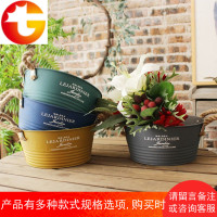 麻绳把手复古花盆 简约多肉花盆铁艺收纳盆 做旧铁皮花筒绿萝花器