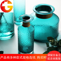 蓝色锤纹镀金玻璃花瓶复古美式植物水培花器精致干花插花瓶