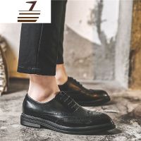 尗卡韩版真皮休闲皮鞋男士潮流英伦透气青年增高布洛克商务正装鞋休闲鞋