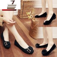 尗卡新款软底女鞋时尚黑色鞋帆布豆豆鞋酒店套脚礼仪带花松糕鞋帆布鞋