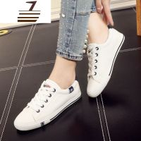 尗卡帆布鞋女低帮白色韩版平底42休闲学生板鞋子大码40 41-43