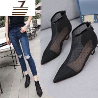 尗卡裸靴凉靴镂空网纱女鞋短靴女尖头波点真皮靴子2020新款瘦瘦靴女士靴子