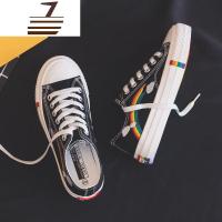 尗卡彩虹帆布鞋女鞋2020年新款ulzzang学生百搭板鞋小黑鞋子