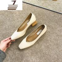 尗卡2020新款浅口仙气单鞋方头中跟温柔软皮仙女鞋韩国粗跟奶奶鞋