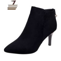 尗卡尖头短靴女细跟加绒小跟瘦瘦靴中跟绒面裸靴子高跟马丁靴女士靴子